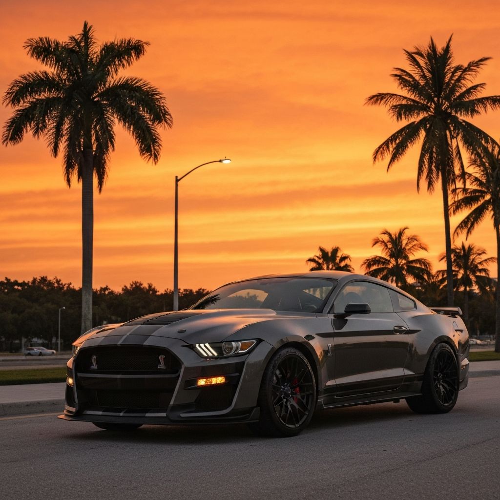 Ford Mustang při západu slunce v Miami